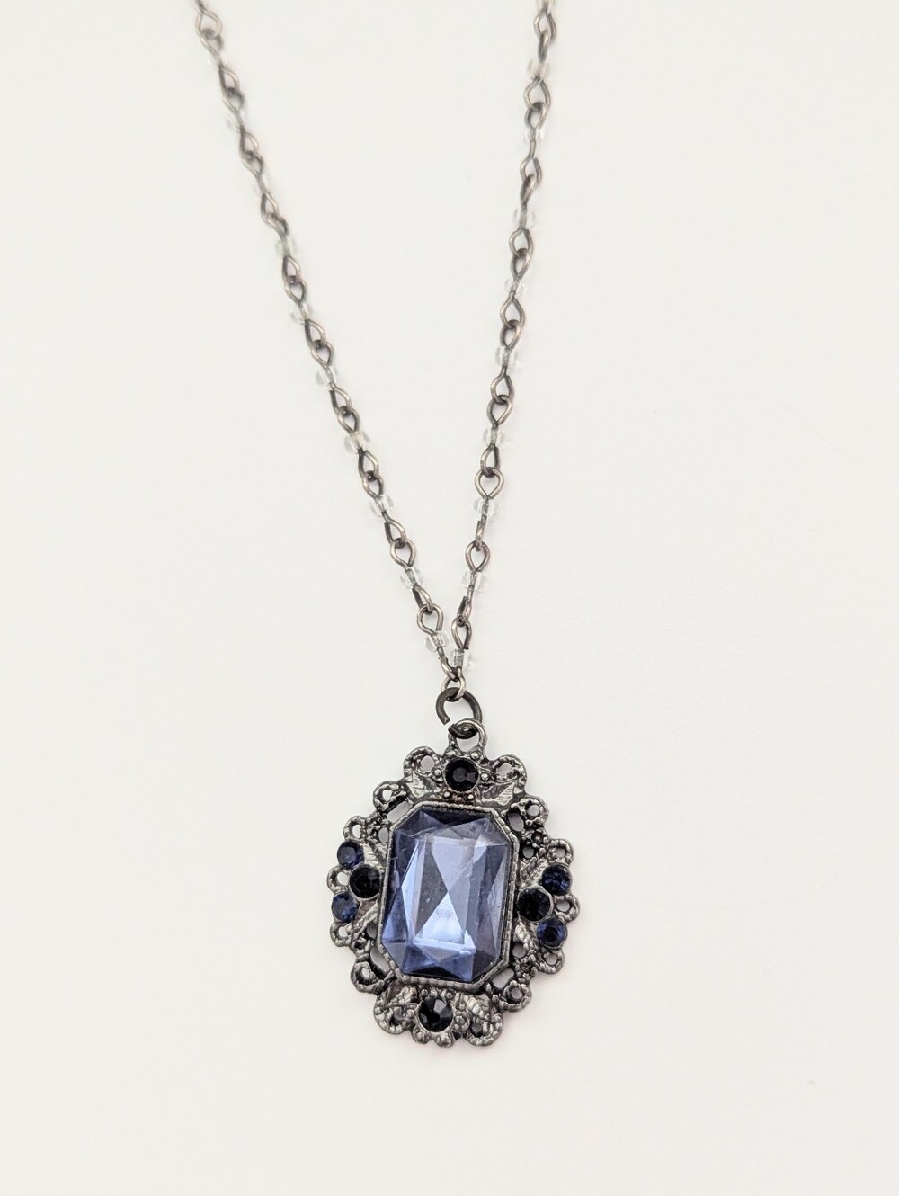 Vintage Victorian Inspired Dark Silver-Tone Pendant Necklace w/Blue Stones